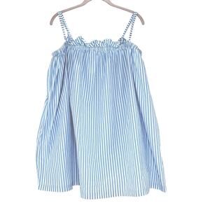 Lake Ruffle Nightgown Large Blue White Stripe Cotton Spaghetti Strap Pockets EUC